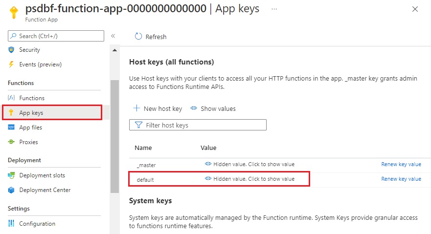 Snímek obrazovky stránky Klíče aplikace Azure Function