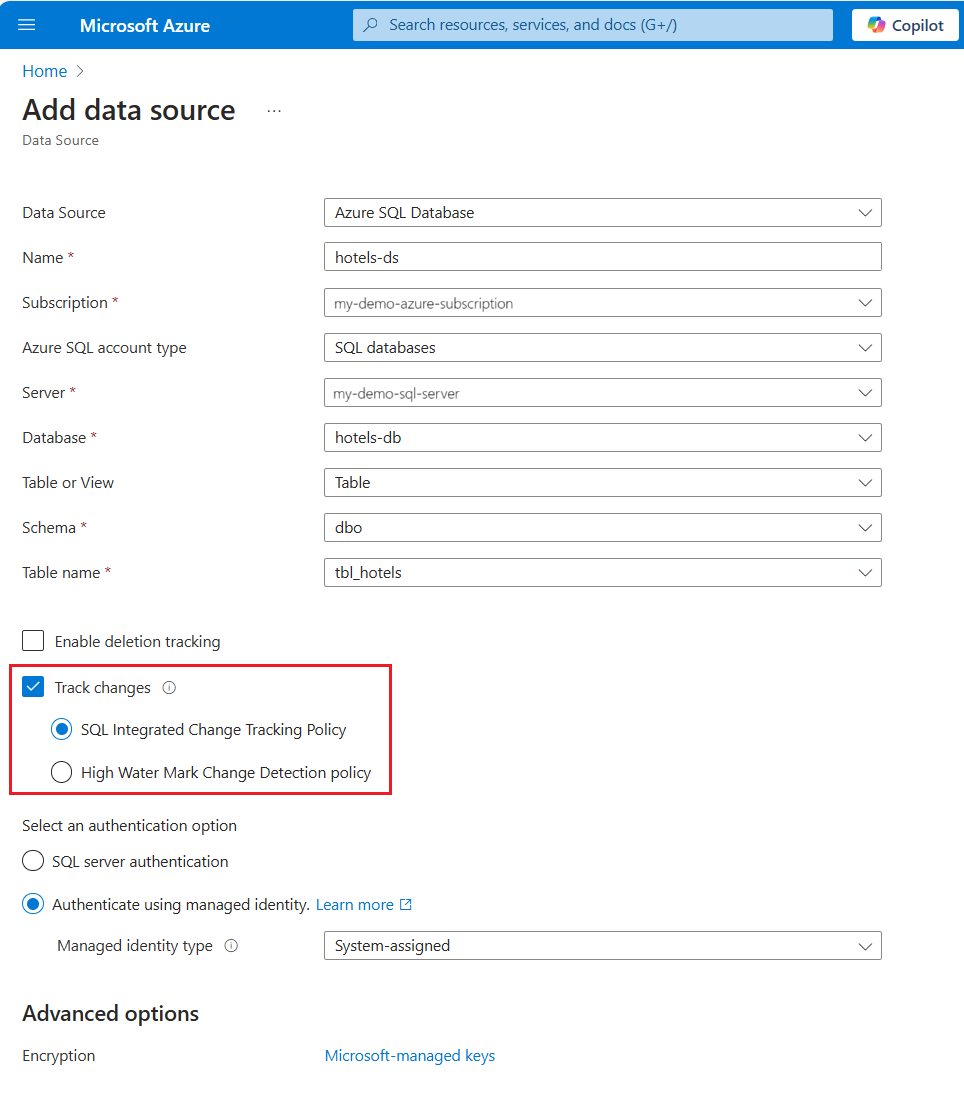 Snímek obrazovky se stránkou pro vytvoření zdroje dat na webu Azure Portal