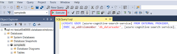 Snímek obrazovky znázorňující, jak spustit dotaz SQL
