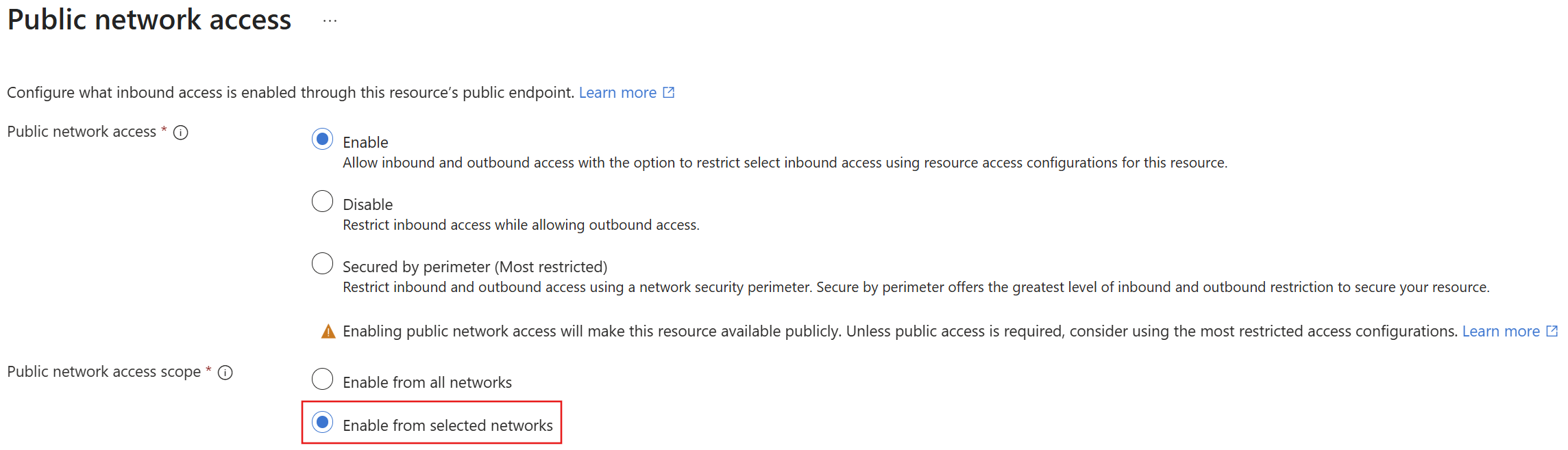 Snímek obrazovky s možností povolit přístup z vybraných sítí na webu Azure Portal