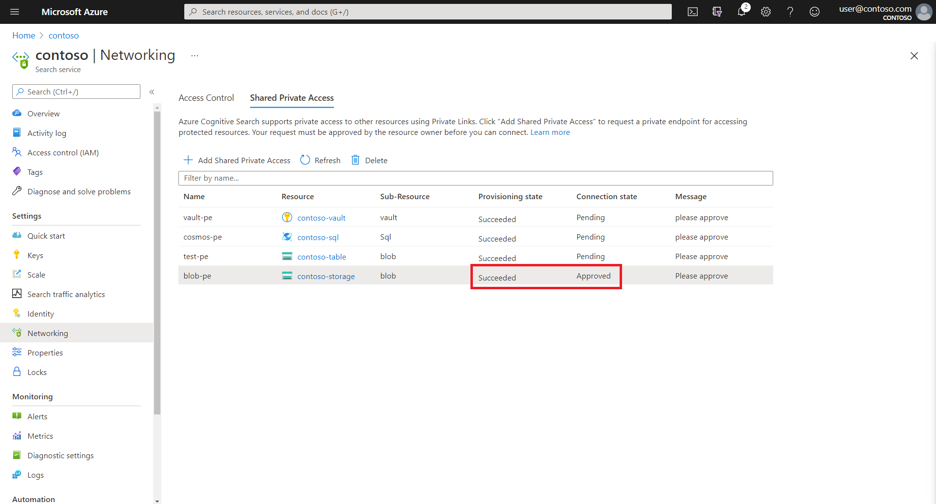 Screenshot portálu Azure, který zobrazuje schválený sdílený prostředek privátního propojení.