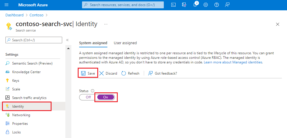 Screenshot stránky Identita na portálu Azure portal.