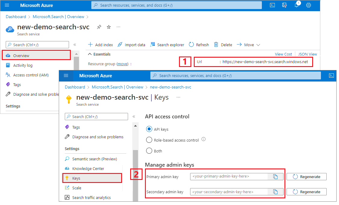 Screenshot adresy URL a klíčů rozhraní API na portálu Azure portal.