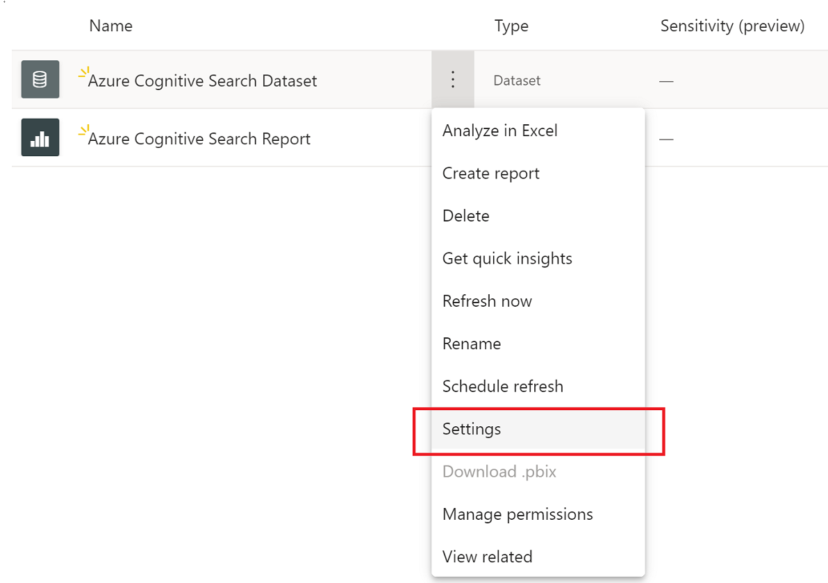 Snímek obrazovky znázorňující výběr nastavení z možností datové sady v pracovním prostoru Power BI
