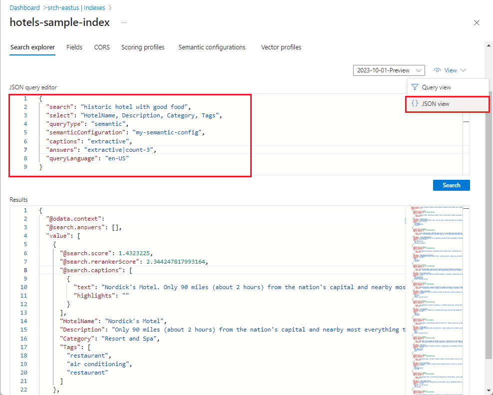 Snímek obrazovky zobrazující syntax dotazu JSON v portálu Azure.