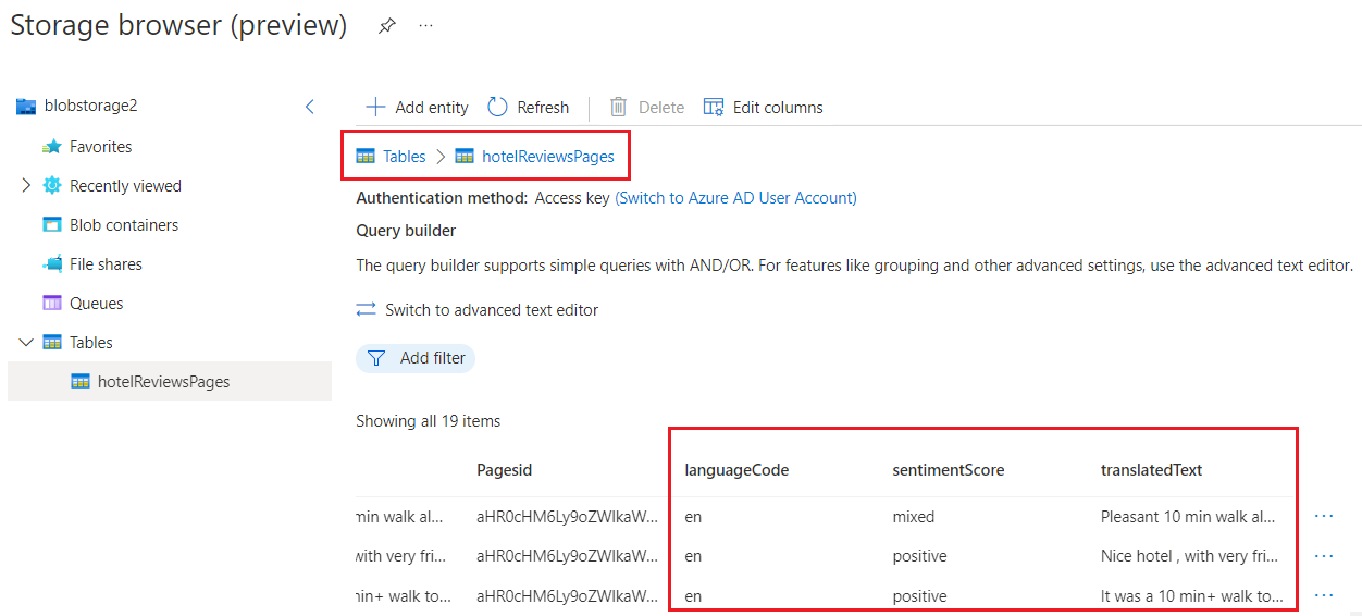 Screenshot der Wissensspeichertabellen im Storage Browser