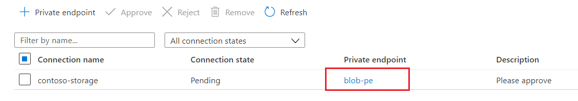Screenshot des Links zu privaten Endpunkten auf der Azure PaaS-Netzwerkseite.