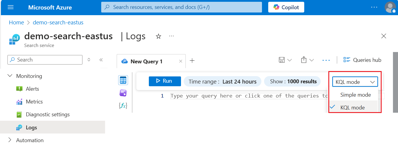 Screenshot der Option KQL-Modus im Abfrageexplorer des Azure-Portals.