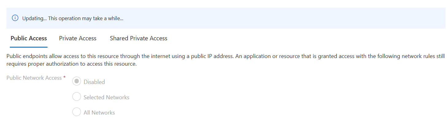 Screenshot: Änderung der Option „Zugriff über öffentliche Netzwerke“ in „Deaktiviert“.