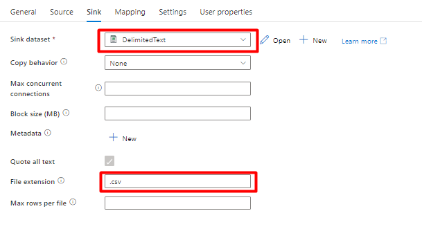 Screenshot, der zeigt, wie Sie die Spüle in einer Pipeline konfigurieren, um die Daten aus Snowflake in Azure Storage zu verschieben.