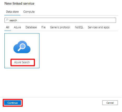 Screenshot, der zeigt, wie Sie die neue verknüpfte Suche in Azure Data Factory auswählen, die aus Snowflake importiert werden soll.