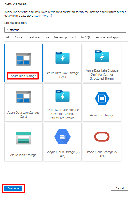 Screenshot, der zeigt, wie Sie einen neuen BLOB-Speicherdatenspeicher in Azure Data Factory für staging auswählen.