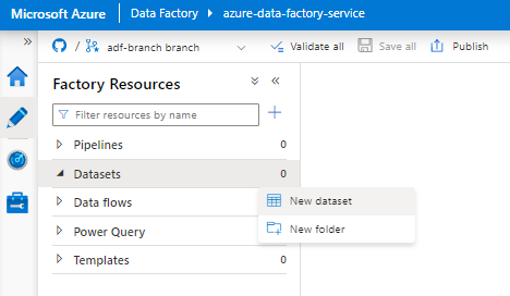 Screenshot, der zeigt, wie Sie ein neues Dataset in Azure Data Factory für Snowflake auswählen.