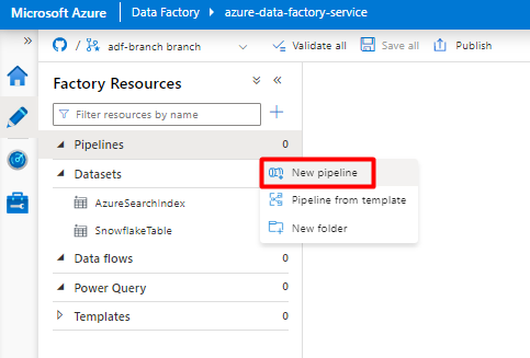 Screenshot, der zeigt, wie Sie eine neue Pipeline in Azure Data Factory auswählen, die für die Erfassung von Snowflake-Daten erstellt werden soll.