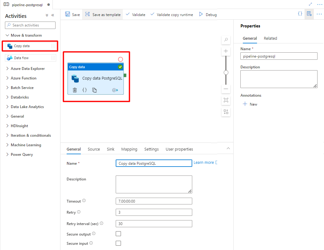 Screenshot, der zeigt, wie Sie In Azure Data Factory ziehen und ablegen, um Daten aus PostgreSQL zu kopieren.