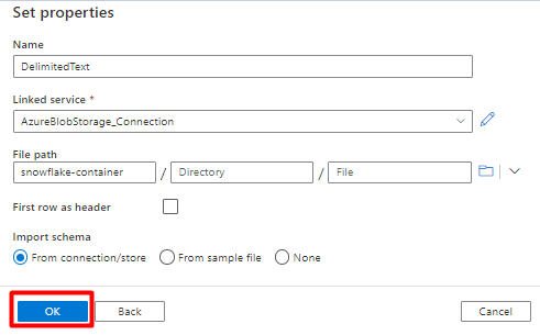 Screenshot, der zeigt, wie Eigenschaften für das Speicher-Dataset für Snowflake in Azure Data Factory konfiguriert werden.