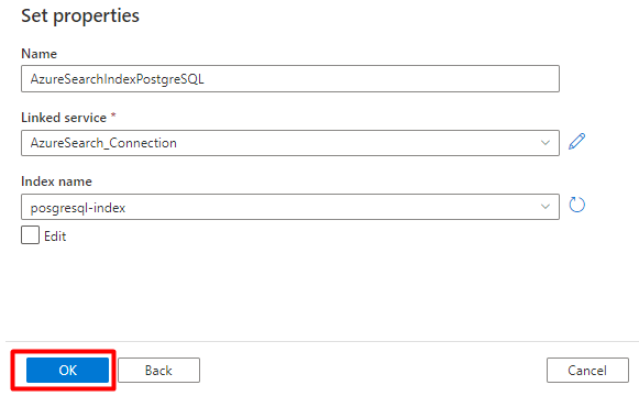Screenshot, der zeigt, wie Set Properties for search dataset ausgefüllt wird.