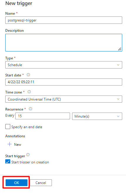 Screenshot, der zeigt, wie ein Trigger zum Ausführen einer Pipeline in Data Factory konfiguriert wird.
