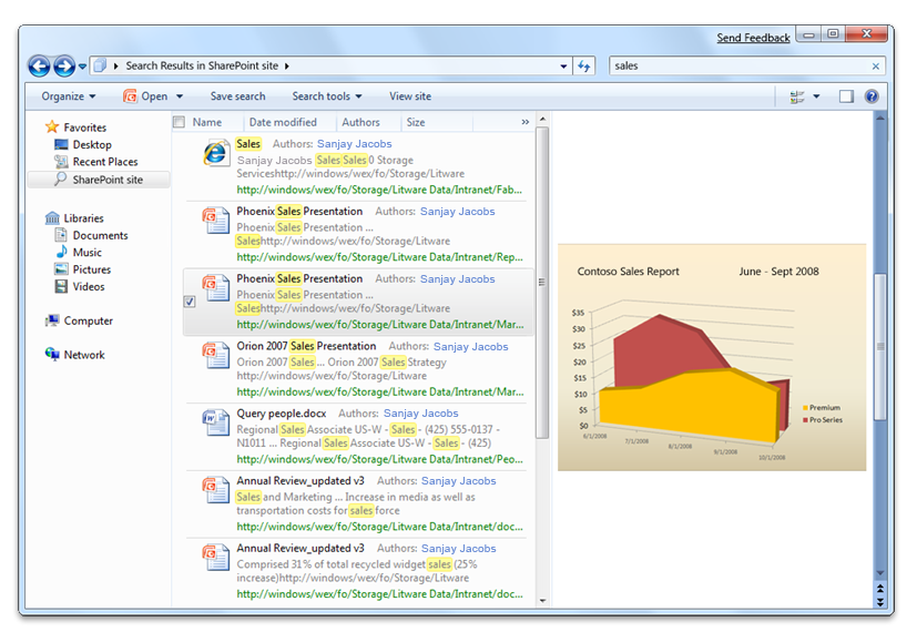 Screenshot, der Suchergebnisse von einer SharePoint-Website anzeigt, wie im Windows-Explorer angezeigt