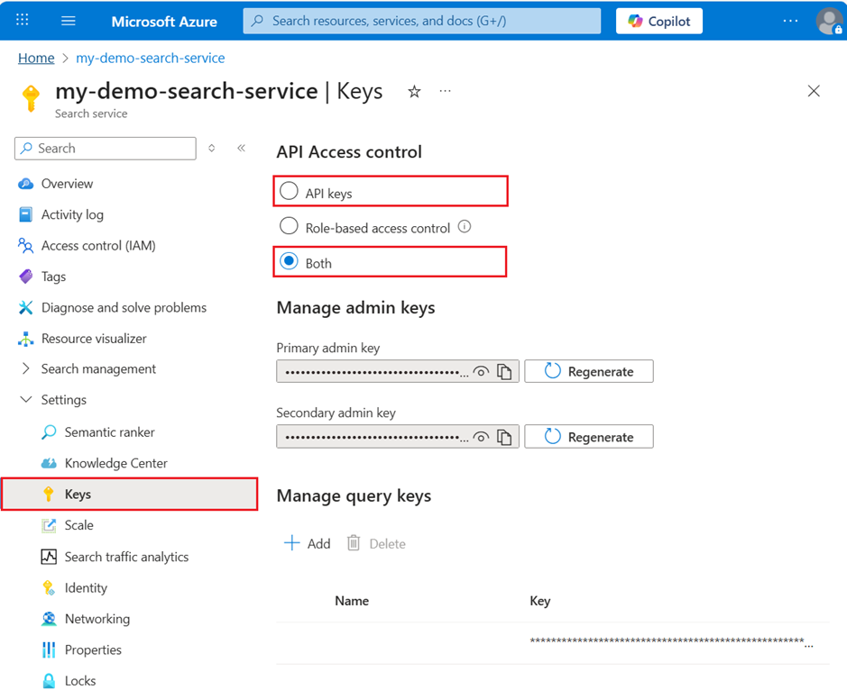 Screenshot de la page Clés dans le portail Azure.