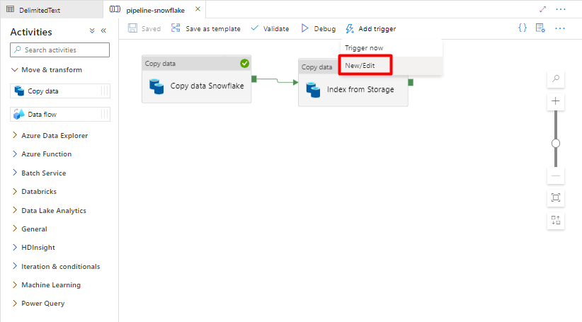 Capture d’écran montrant comment ajouter un nouveau déclencheur pour un pipeline dans Data Factory à exécuter pour Snowflake.