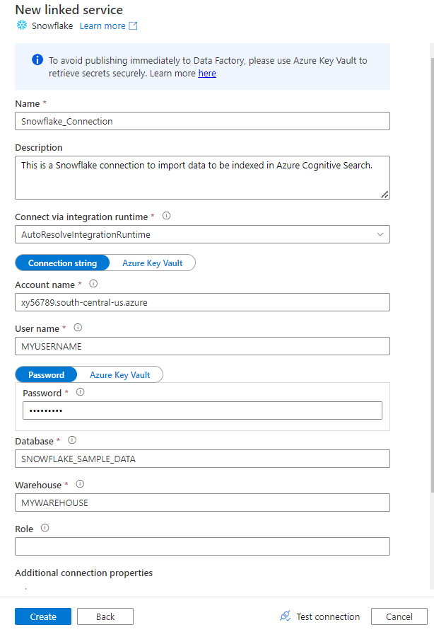 Capture d’écran montrant comment remplir le formulaire De service lié Snowflake.