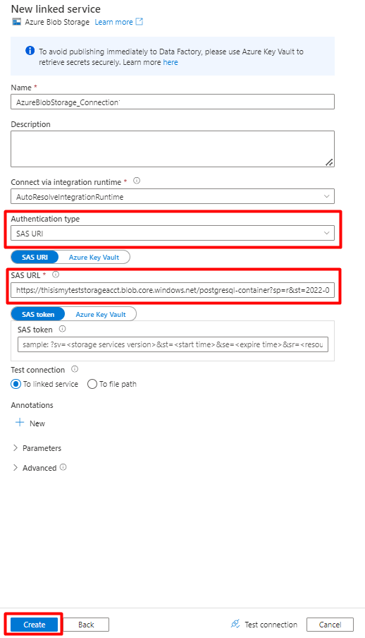Capture d’écran montrant comment remplir le formulaire Nouveau service de recherche liée dans Azure Data Factory avec ses propriétés à importer à partir de PostgreSQL.