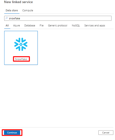 Capture d’écran montrant comment choisir la vignette Snowflake dans le nouveau magasin de données du service lié.