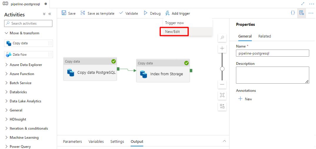 Cuplikan layar memperlihatkan cara menambahkan pemicu baru untuk Alur di Data Factory.