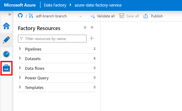 Cuplikan layar memperlihatkan cara memilih ikon Kelola di Azure Data Factory untuk mengonfigurasi Snowflake Linked Service.