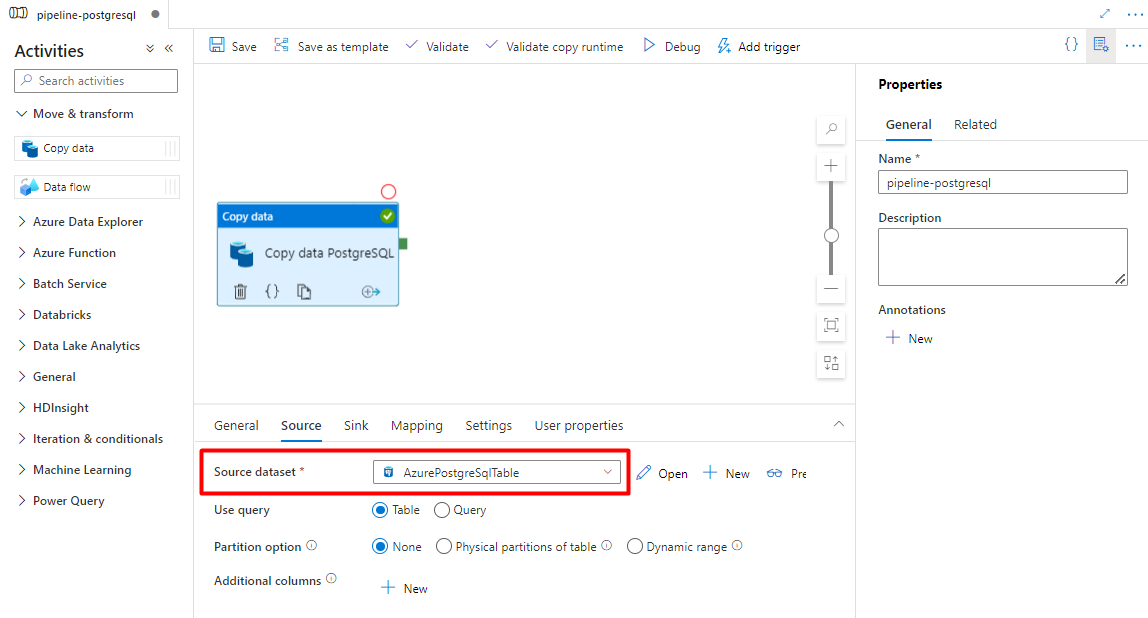 Screenshot che mostra come configurare Source per importare dati da PostgreSQL nell'Archiviazione Blob di Azure durante la fase di staging.