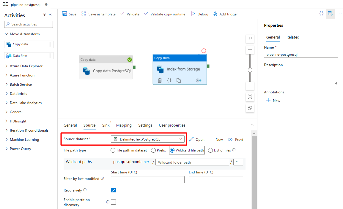 Screenshot che mostra come configurare l'origine per l'indicizzazione da Storage a indice di Ricerca Cognitiva di Azure.