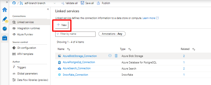 Azure Data Factory で [新しいリンクされたサービス] を選択する方法を示すスクリーンショット。