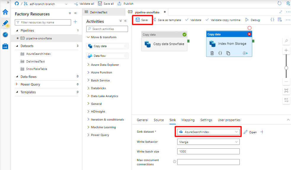 パイプラインの最後の手順として BLOB ストレージから Azure Cognitive Search インデックスにデータをインポートするようにパイプライン内のシンクを構成する方法を示すスクリーンショット。