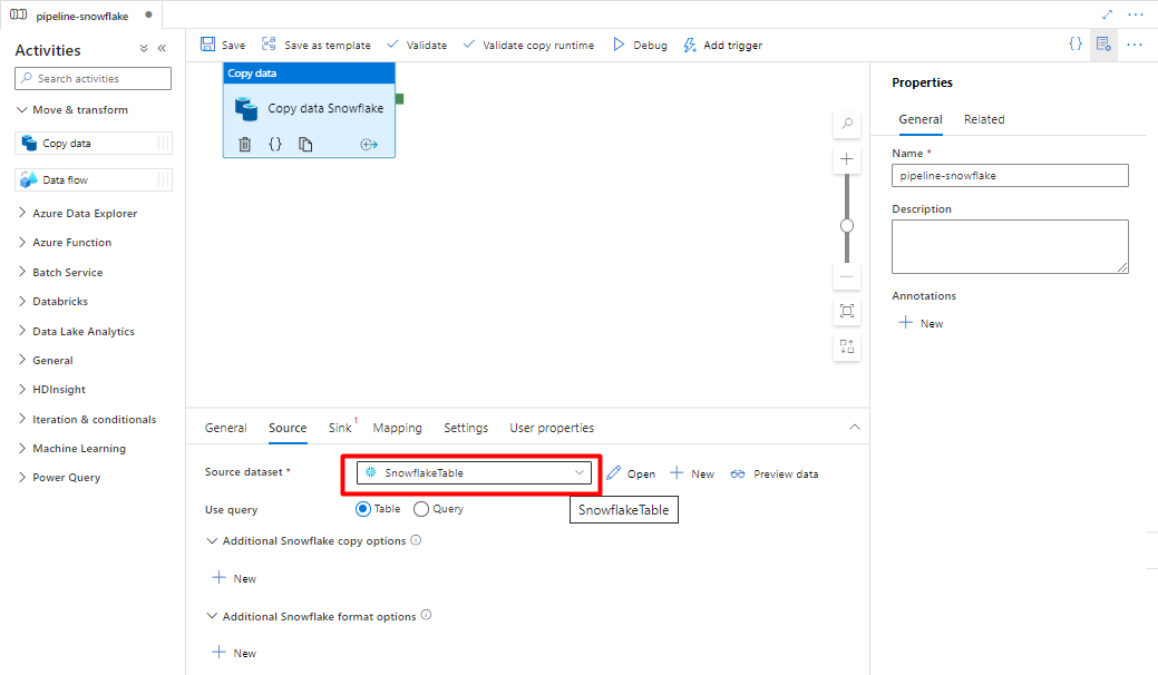 Snowflake からデータをインポートするようにパイプラインでソースを構成する方法を示すスクリーンショット。