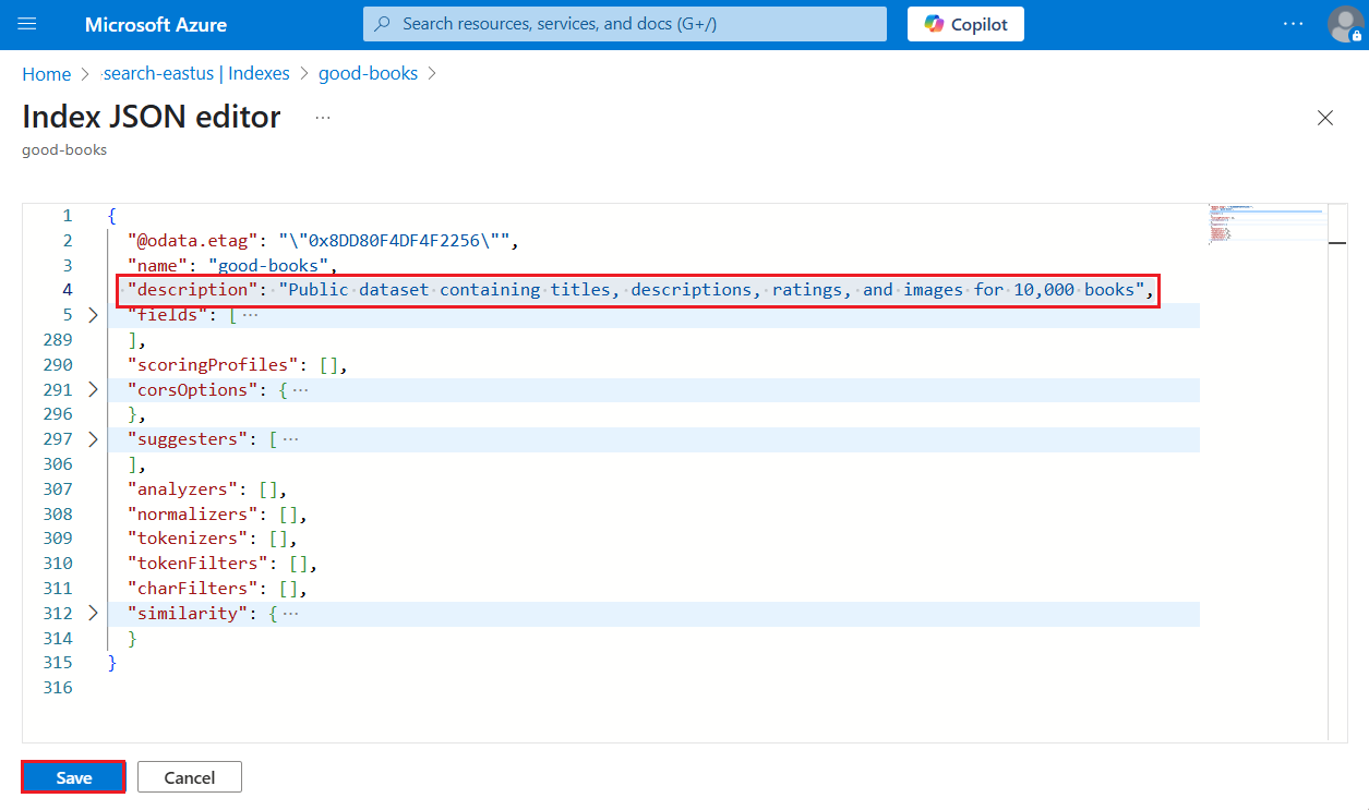 Azure 포털에서 인덱스의 JSON 정의 스크린샷.