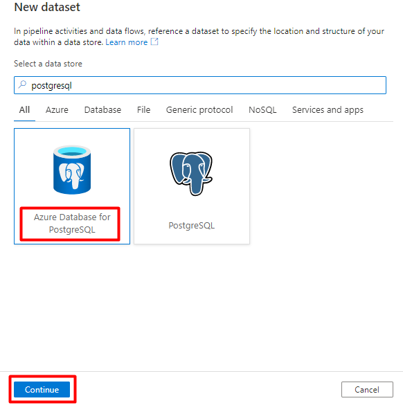 Azure Data Factory에서 데이터 세트에 대해 PostgreSQL 데이터 저장소를 선택하는 방법을 보여 주는 스크린샷