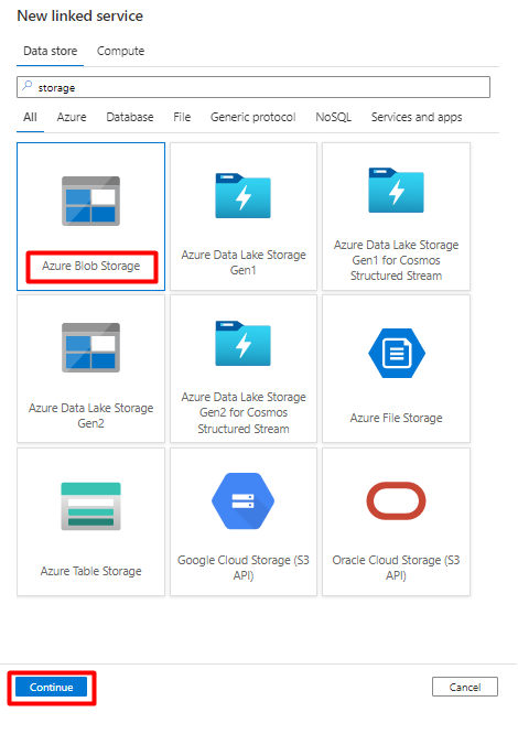 Azure Data Factory에서 Snowflake의 싱크로 사용할 새 연결된 Blob Storage 서비스를 선택하는 방법을 보여 주는 스크린샷