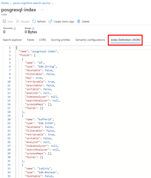 기존 Azure Cognitive Search 인덱스 JSON 구성을 복사하는 방법을 보여 주는 스크린샷