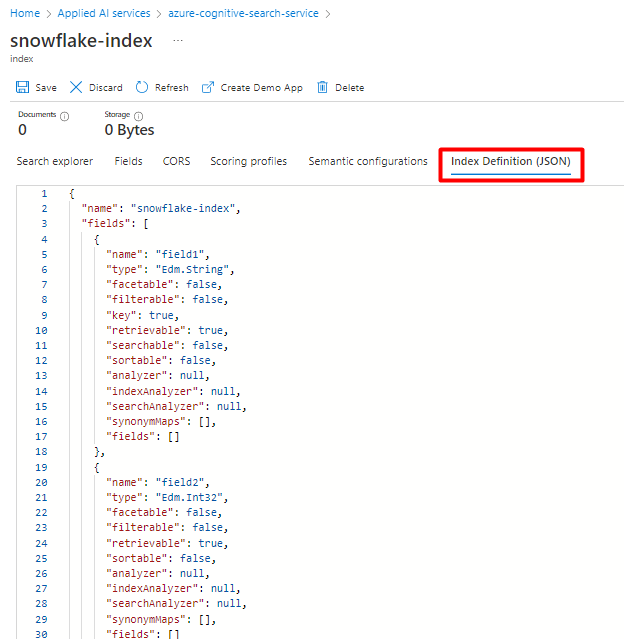 기존 Snowflake 인덱스용 기존 Azure Cognitive Search 인덱스 JSON 구성을 복사하는 방법을 보여 주는 스크린샷