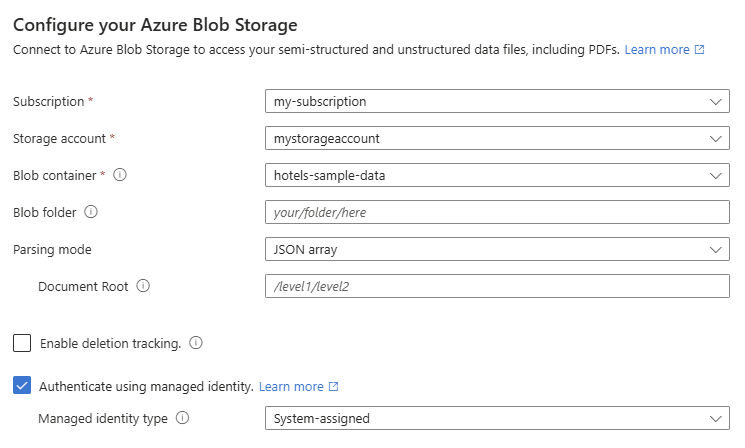 Captura de tela da página Conectar à sua página de dados no portal do Azure.