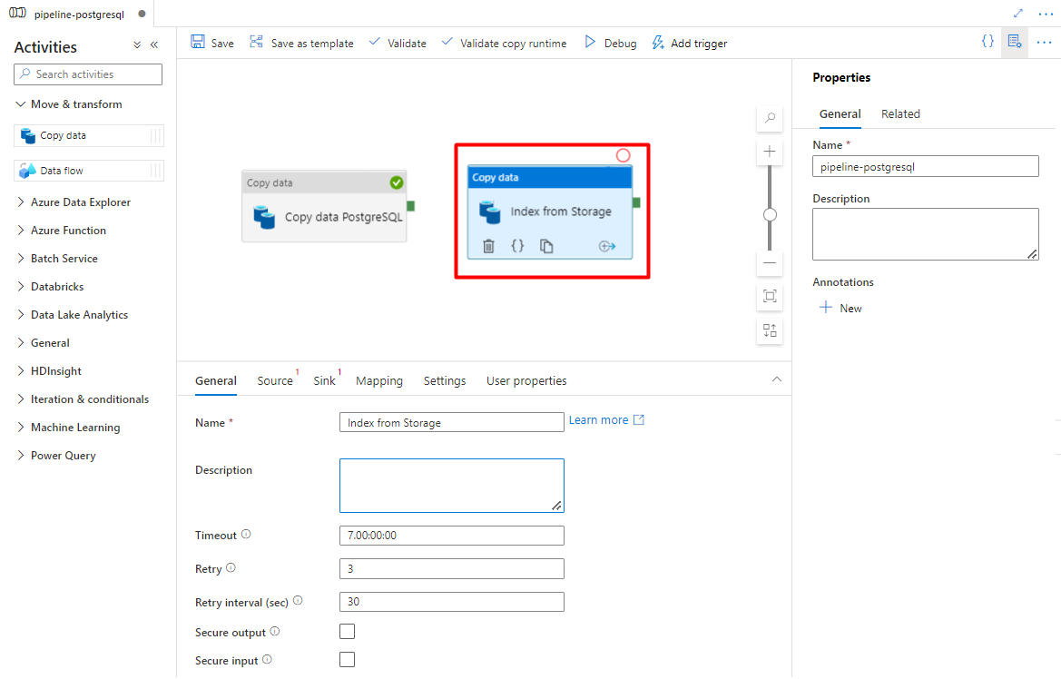 Captura de tela mostrando como arrastar e soltar no Azure Data Factory para configurar uma atividade de cópia.