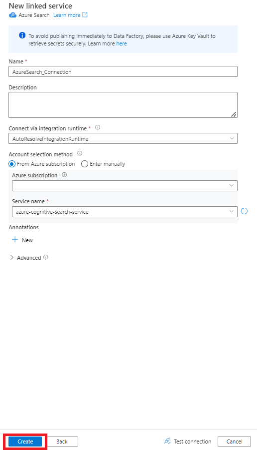 Captura de tela mostrando como escolher o Novo Serviço de Pesquisa Vinculada no Azure Data Factory com suas propriedades para importar do Snowflake.