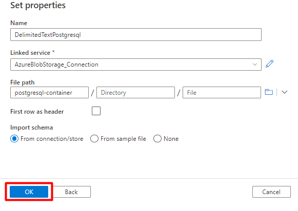 Captura de tela mostrando como definir as propriedades do PostgreSQL para o conjunto de dados no Azure Data Factory.