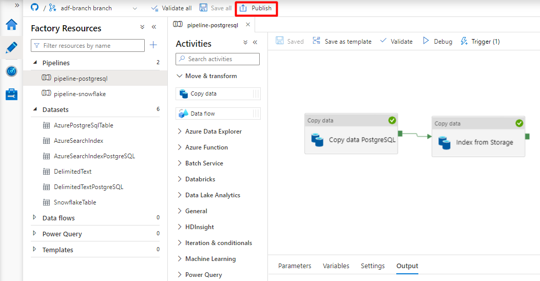 Captura de tela mostrando como publicar um pipeline no Data Factory para cópia de dados PostgreSQL.