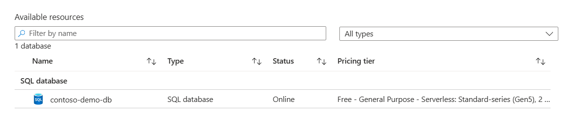 Снимок экрана: страница статуса базы данных в портале Azure.