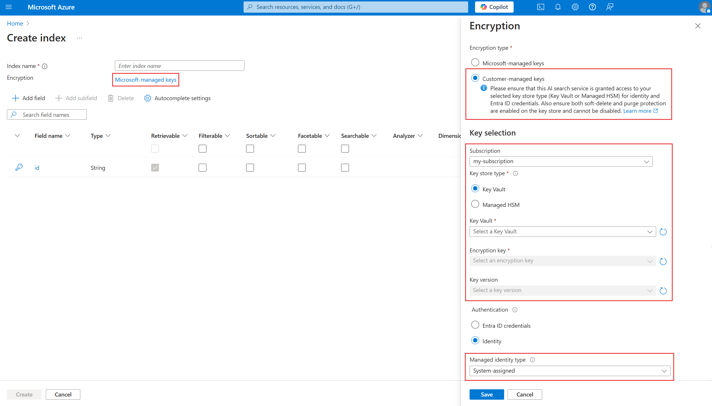 Screenshot страницы ключа шифрования на портале Azure.