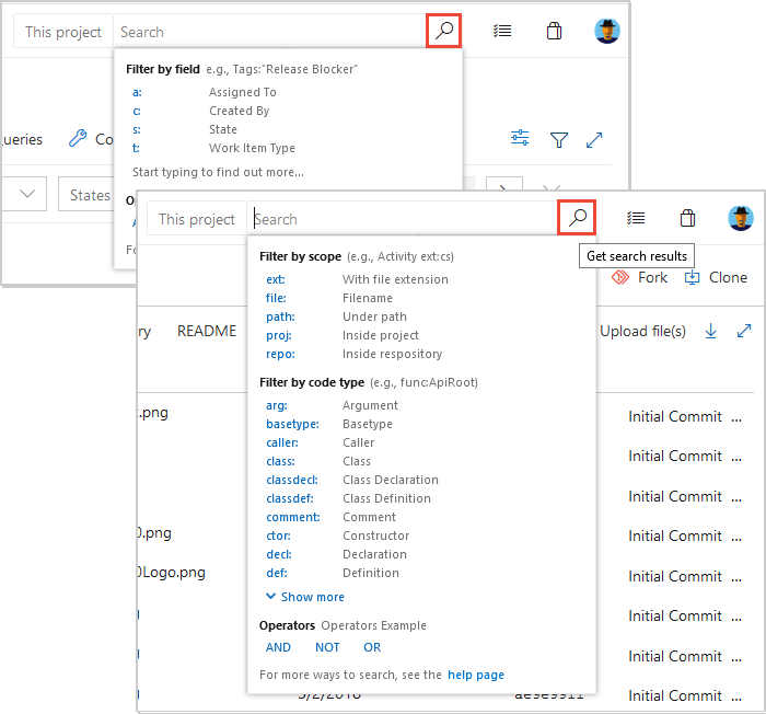 Skärmbild av sökrutor i Azure DevOps