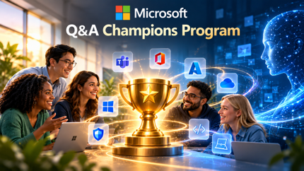 Parlak bir ofiste, Microsoft ürün simgeleri ve dijital bir yapay zekâ profili eşliğinde, parlayan altın bir kupa etrafında iş birliği yapan farklı teknoloji profesyonellerinden oluşan bir grubu gösteren Microsoft Soru-Cevap Şampiyonları Programı afişi; atmosfer kutlama dolu ve yenilikçidir.