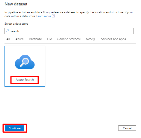 屏幕截图显示如何在 Azure 数据工厂中选择 Azure 认知搜索服务来作为数据集的接收端。